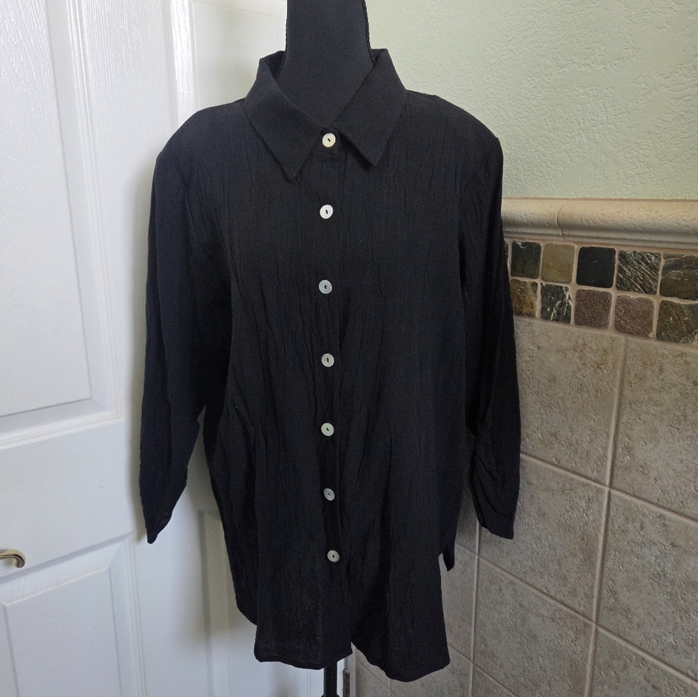 Susan Graver Blk Crinkled Cotton Button-Up Shirt Shoulder Pads Ruched Sleeves Lg
